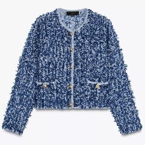 Zara Blue Bouclé Blazer with Gold Buttons